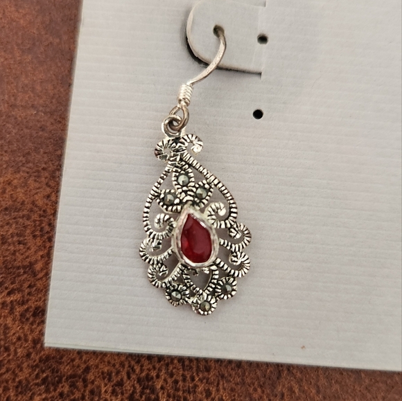 Silver Dangle Earring with Red Stone - Picture 2 of 3